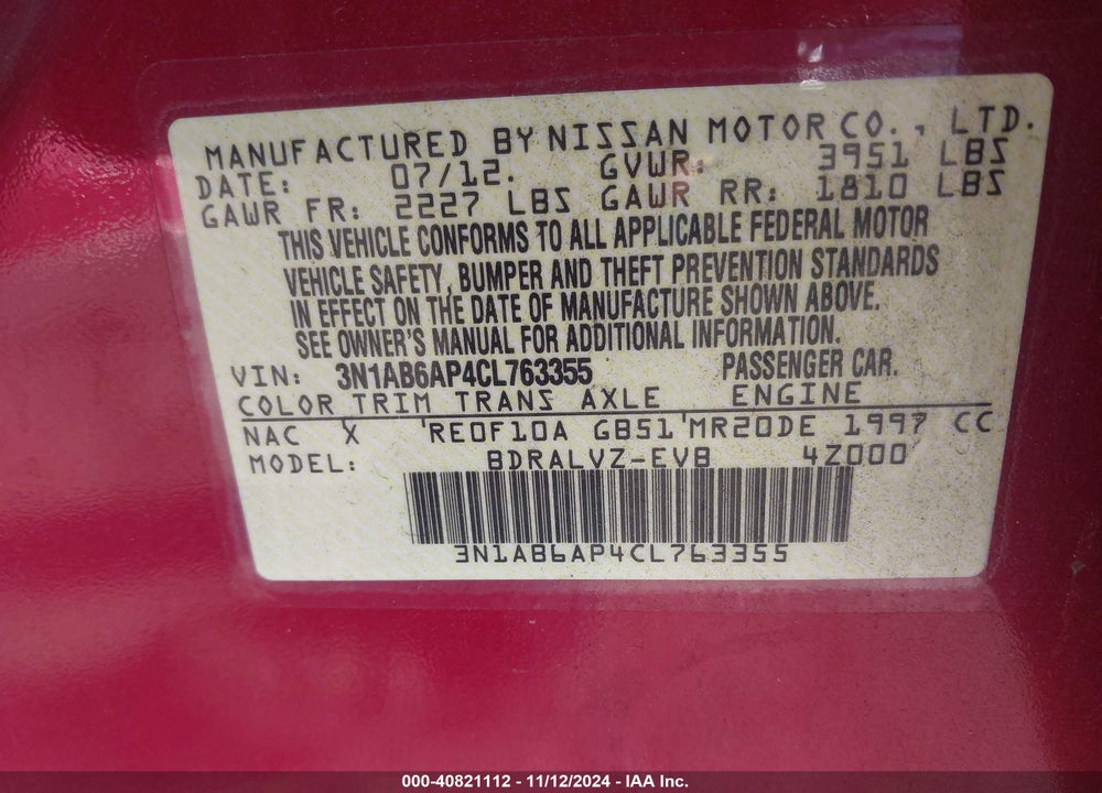 2012 NISSAN SENTRA 2.0 SL VIN: 3N1AB6AP4CL763355