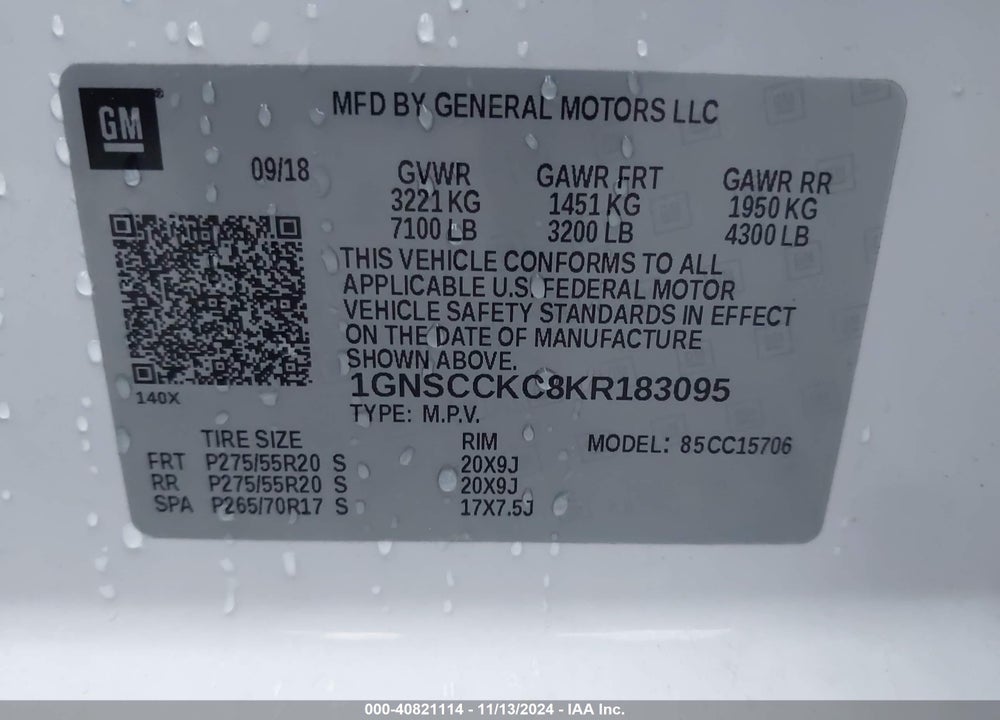 2019 CHEVROLET TAHOE PREMIER VIN: 1GNSCCKC8KR183095