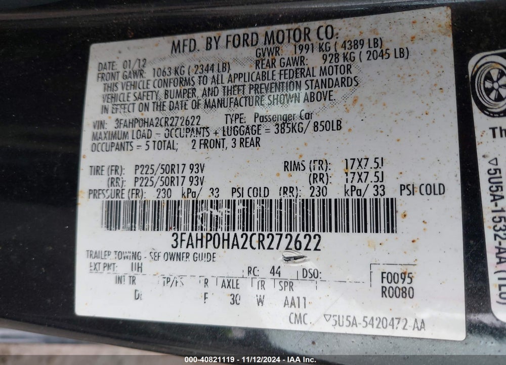 2012 FORD FUSION SE VIN: 3FAHP0HA2CR272622