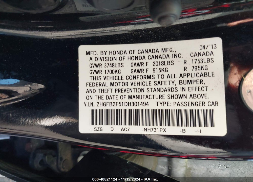 2013 HONDA CIVIC VIN: 2HGFB2F51DH301494