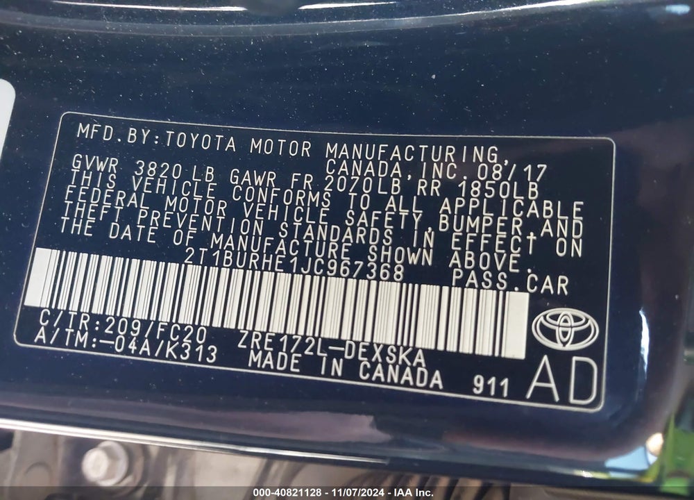 2018 TOYOTA COROLLA SE VIN: 2T1BURHE1JC967368