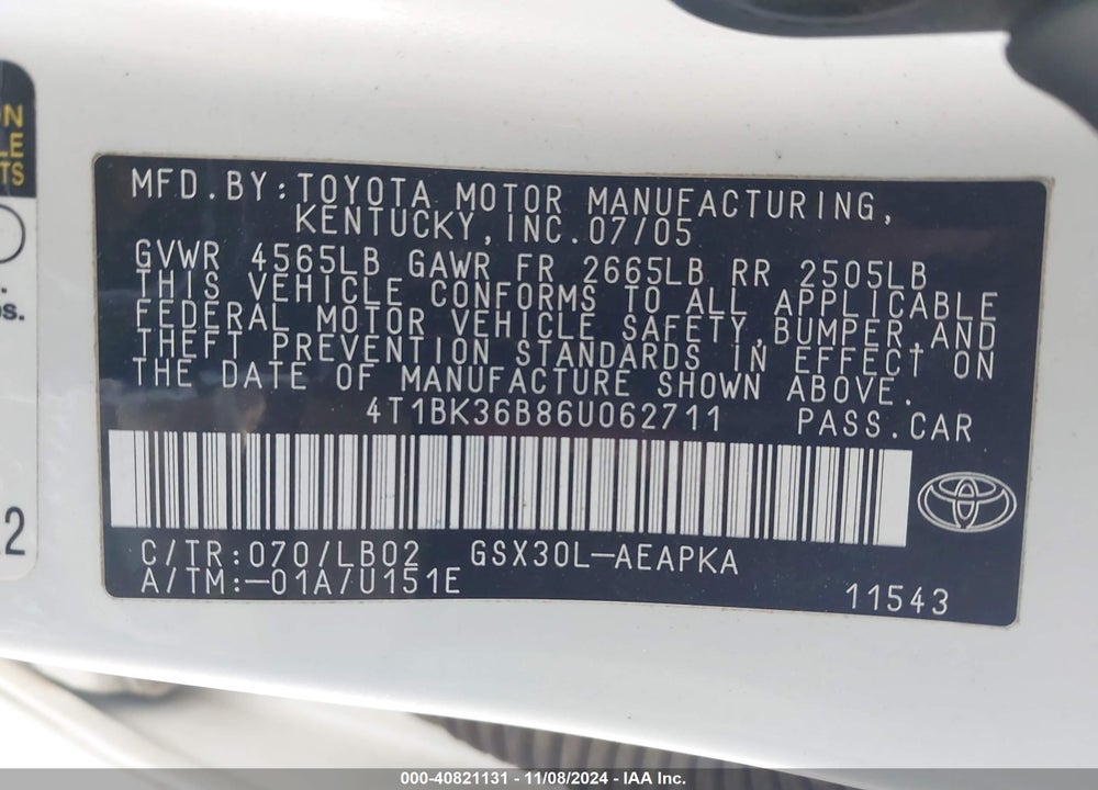 2006 TOYOTA AVALON LIMITED VIN: 4T1BK36B86U062711