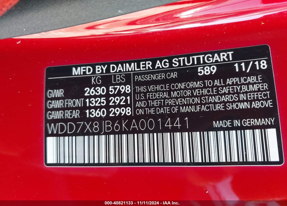 2019 MERCEDES-BENZ AMG GT 63 4-DOOR COUPE VIN: WDD7X8JB6KA001441