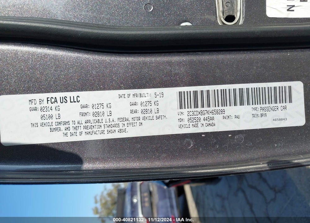 2019 DODGE CHARGER SXT RWD VIN: 2C3CDXBG7KH658289