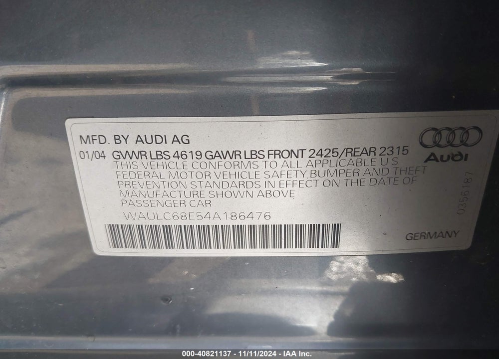 2004 AUDI A4 1.8T VIN: WAULC68E54A186476