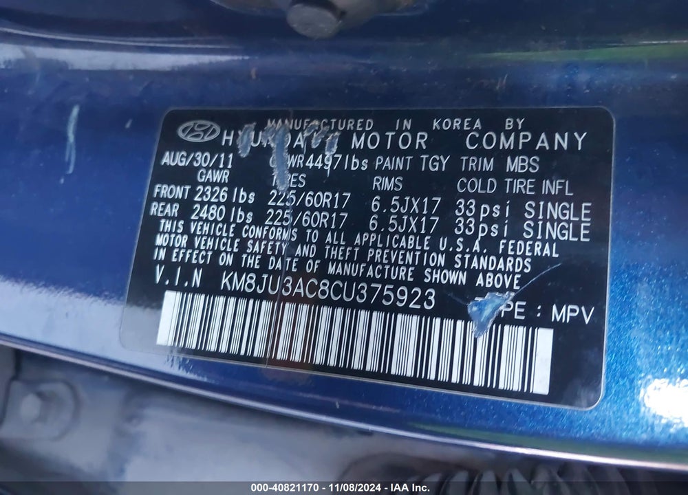 2012 HYUNDAI TUCSON GLS VIN: KM8JU3AC8CU375923