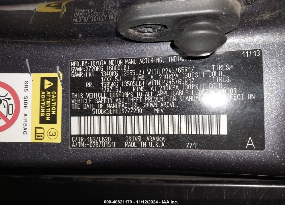 2013 TOYOTA HIGHLANDER PLUS/SE VIN: 5TDBK3EH6DS277290
