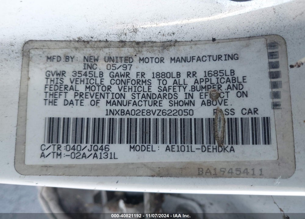 1997 TOYOTA COROLLA STD VIN: 1NXBA02E8VZ622050