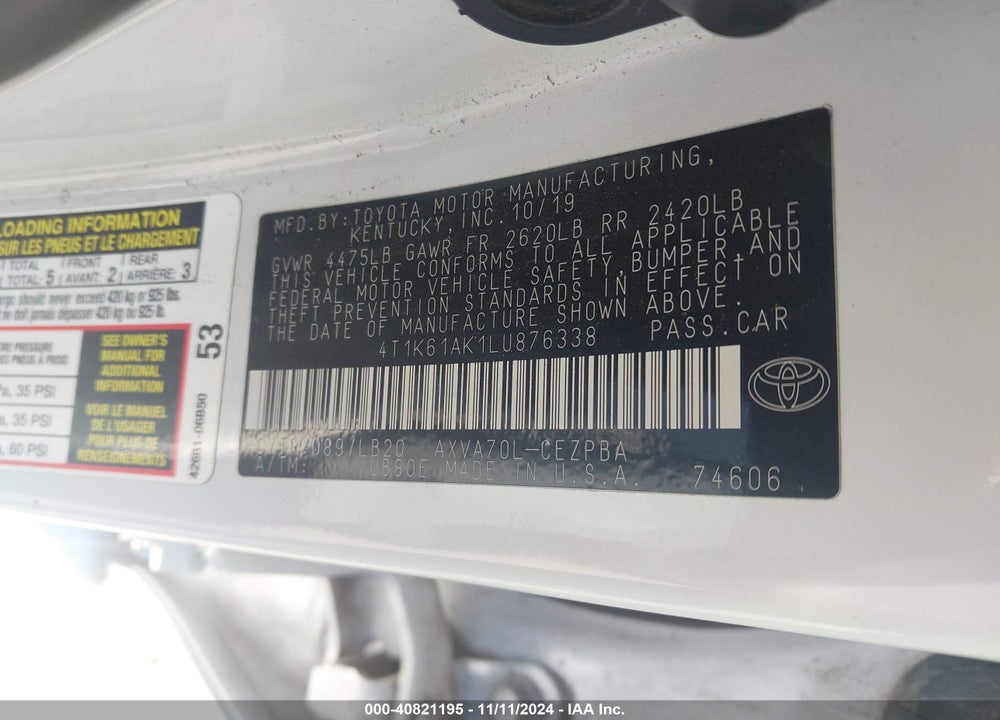 2020 TOYOTA CAMRY XSE VIN: 4T1K61AK1LU876338