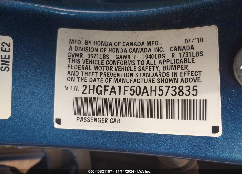 2010 HONDA CIVIC LX VIN: 2HGFA1F50AH573835