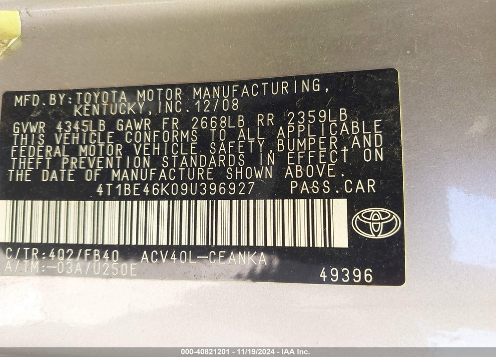 2009 TOYOTA CAMRY LE VIN: 4T1BE46K09U396927