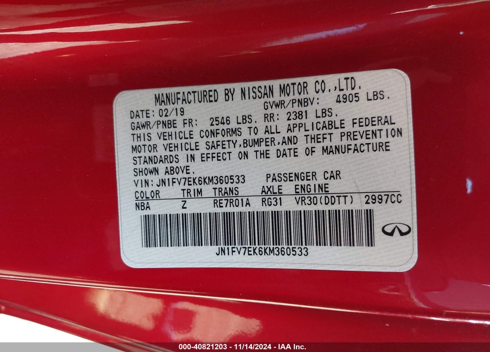 2019 INFINITI Q60 3.0T RED SPORT 400 VIN: JN1FV7EK6KM360533