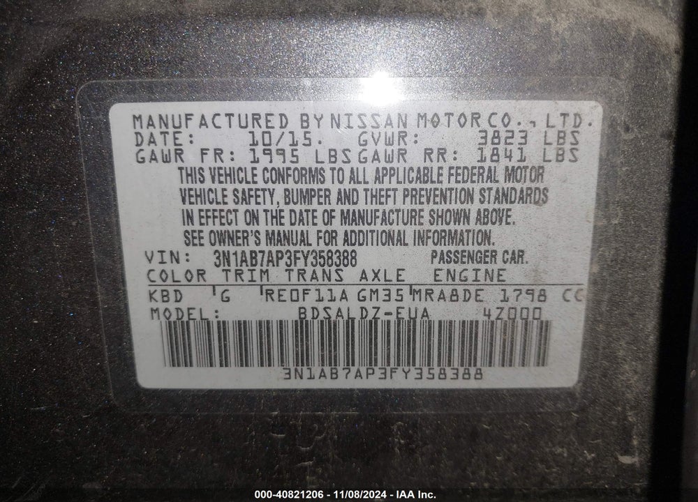 2015 NISSAN SENTRA SV VIN: 3N1AB7AP3FY358388