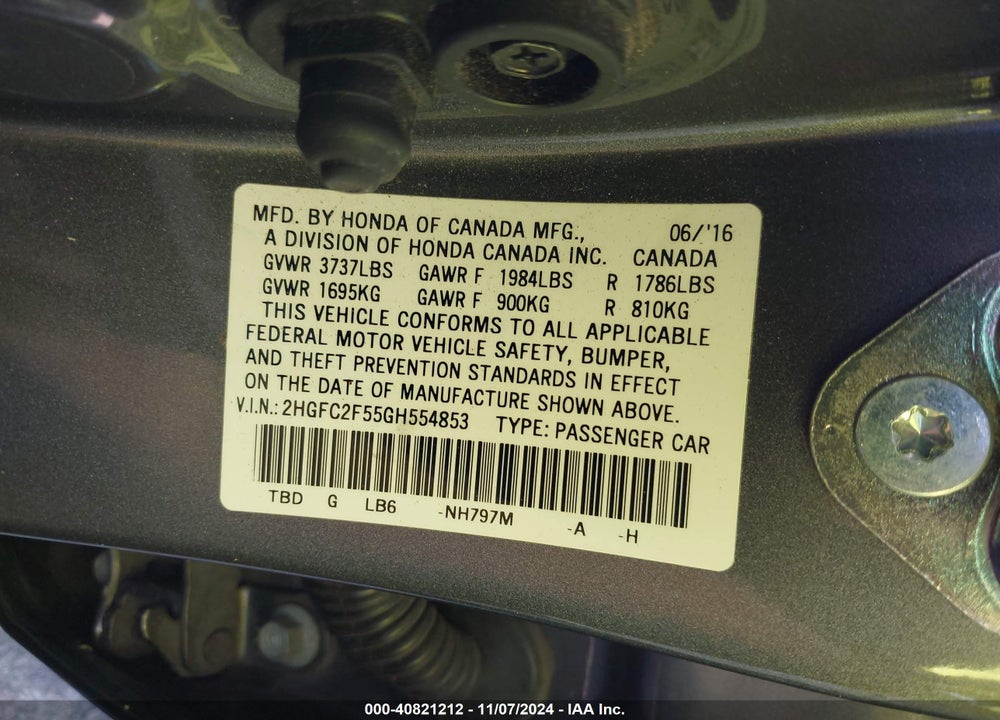 2016 HONDA CIVIC LX VIN: 2HGFC2F55GH554853