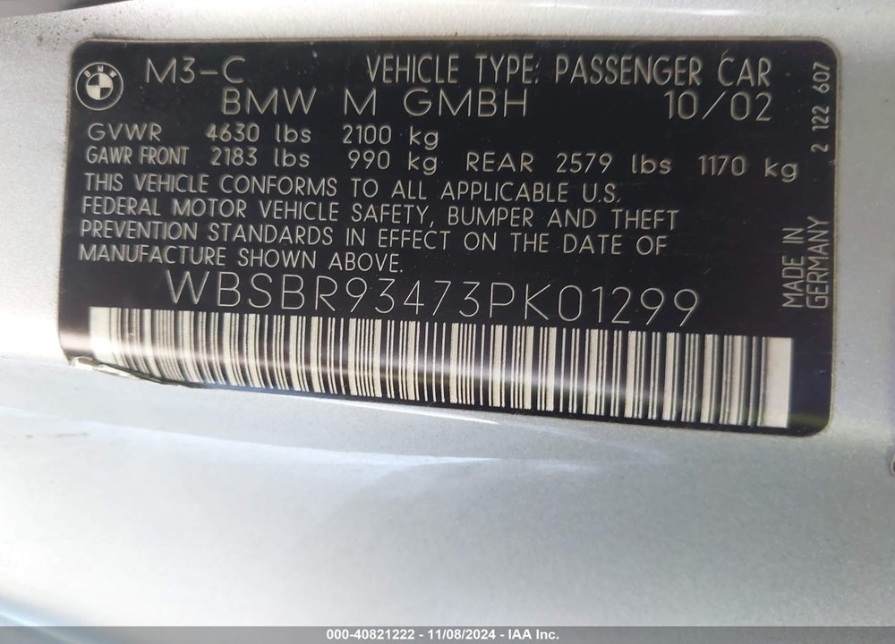2003 BMW M3 VIN: WBSBR93473PK01299