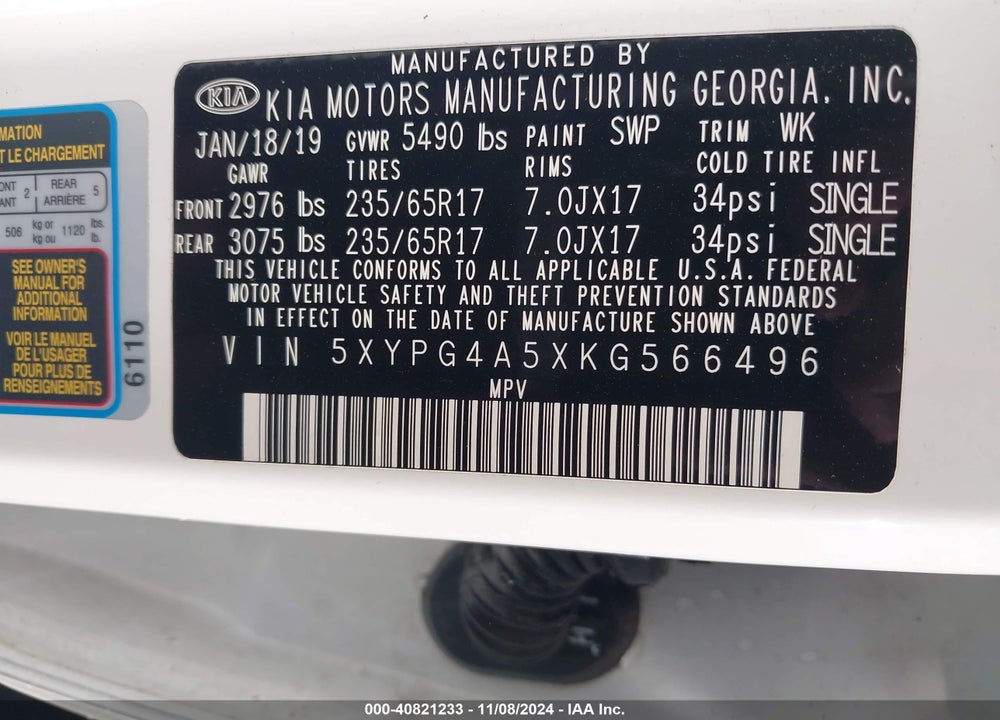 2019 KIA SORENTO 3.3L LX VIN: 5XYPG4A5XKG566496