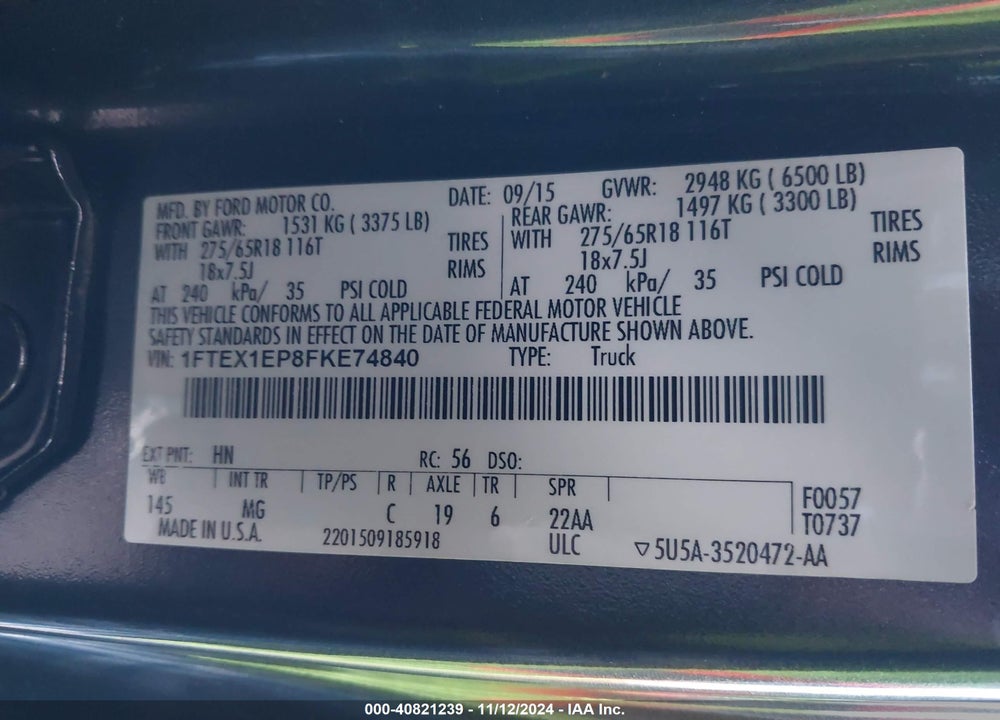 2015 FORD F-150 XLT VIN: 1FTEX1EP8FKE74840