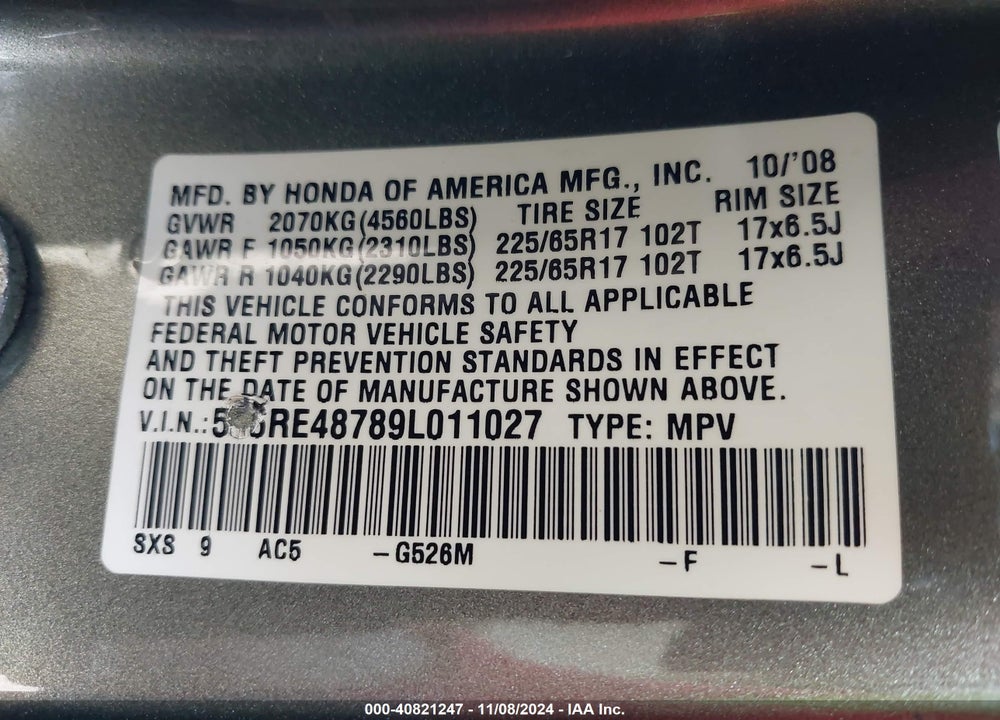 2009 HONDA CR-V EX-L VIN: 5J6RE48789L011027
