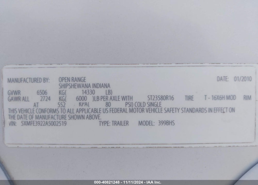 2010 OPEN RANGE OTHER VIN: 5XMFE3922A5002519