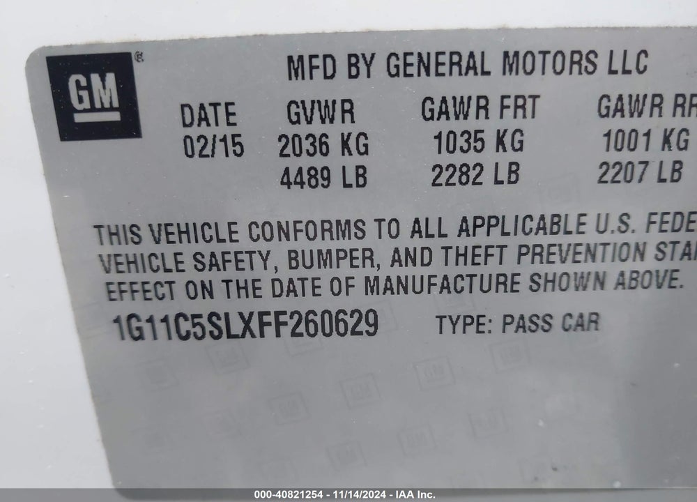 2015 CHEVROLET MALIBU VIN: 1G11C5SLXFF260629