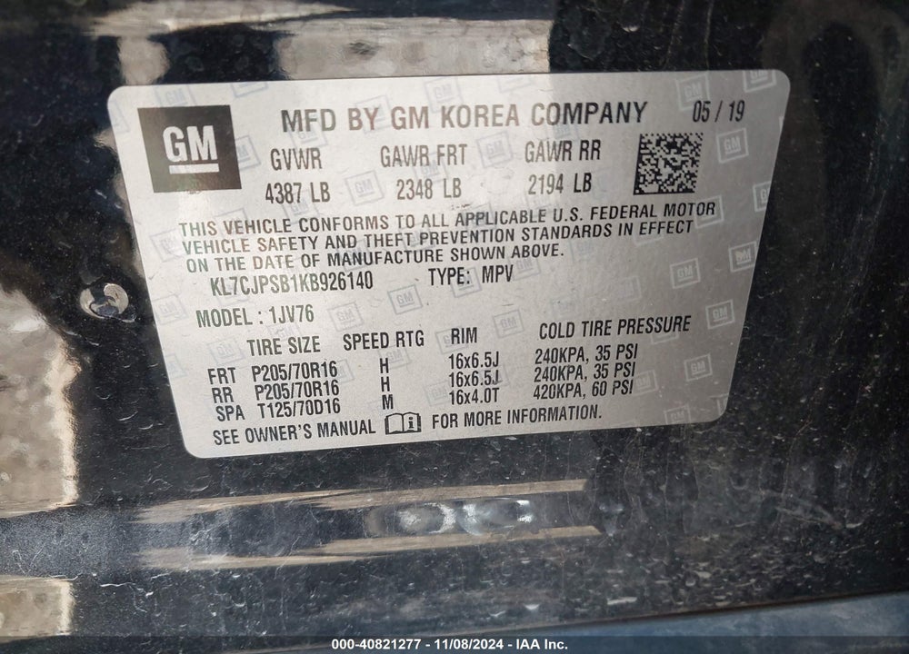 2019 CHEVROLET TRAX VIN: KL7CJPSB1KB926140