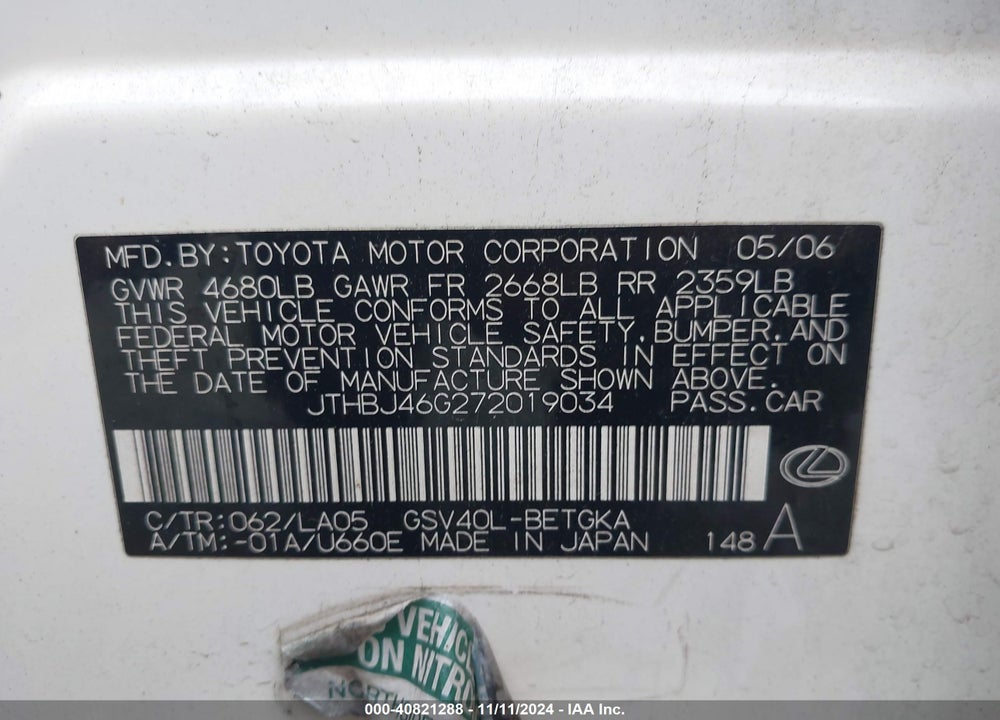 2007 LEXUS ES 350 VIN: JTHBJ46G272019034