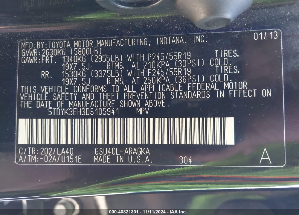 2013 TOYOTA HIGHLANDER LIMITED V6 VIN: 5TDYK3EH3DS105941