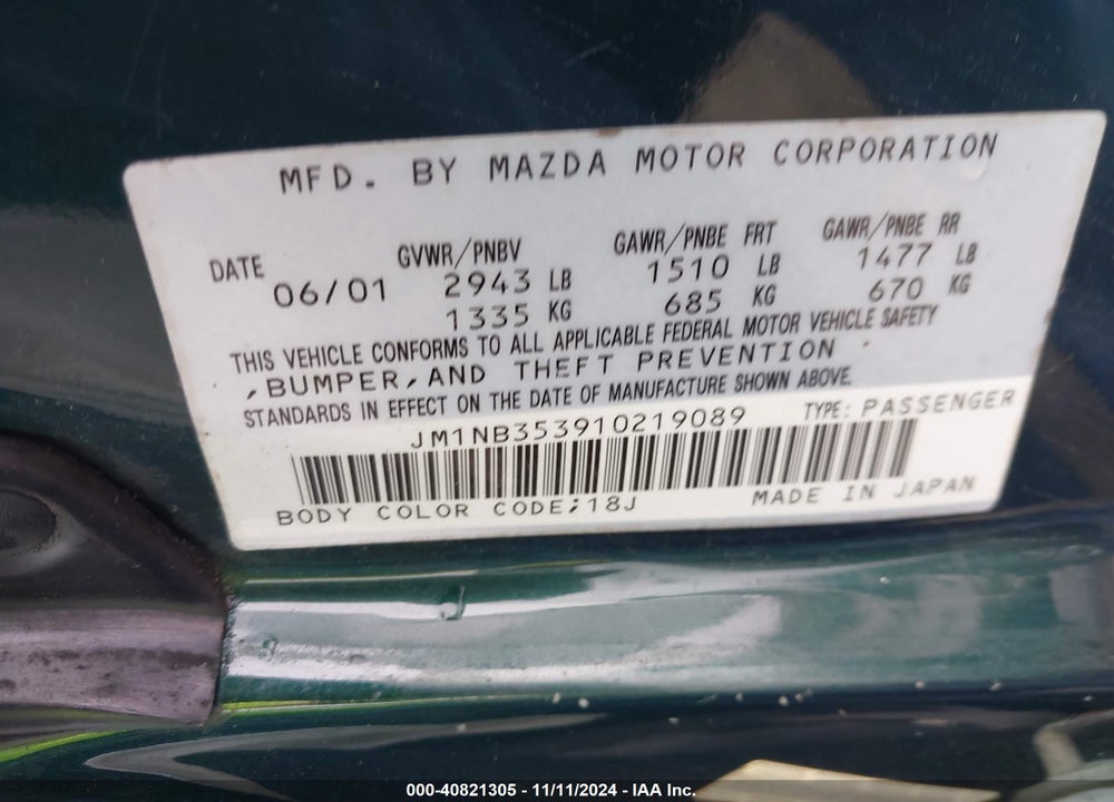 2001 MAZDA MX-5 MIATA LS/SPECIAL EDITION VIN: JM1NB353910219089