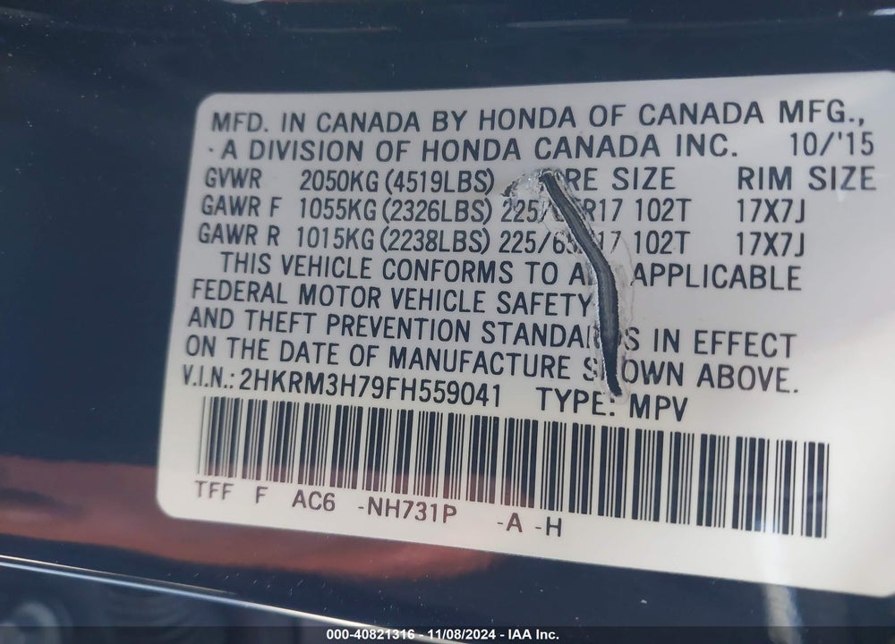 2015 HONDA CR-V EX-L VIN: 2HKRM3H79FH559041