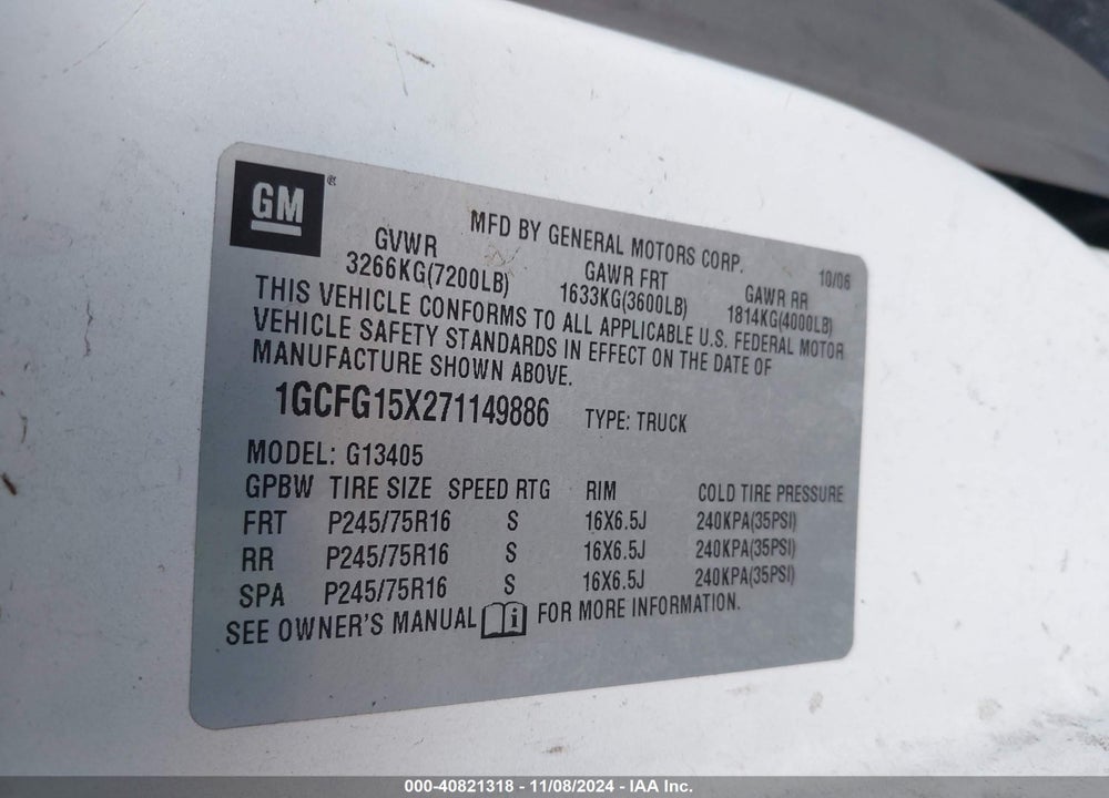 2007 CHEVROLET EXPRESS WORK VAN VIN: 1GCFG15X271149886