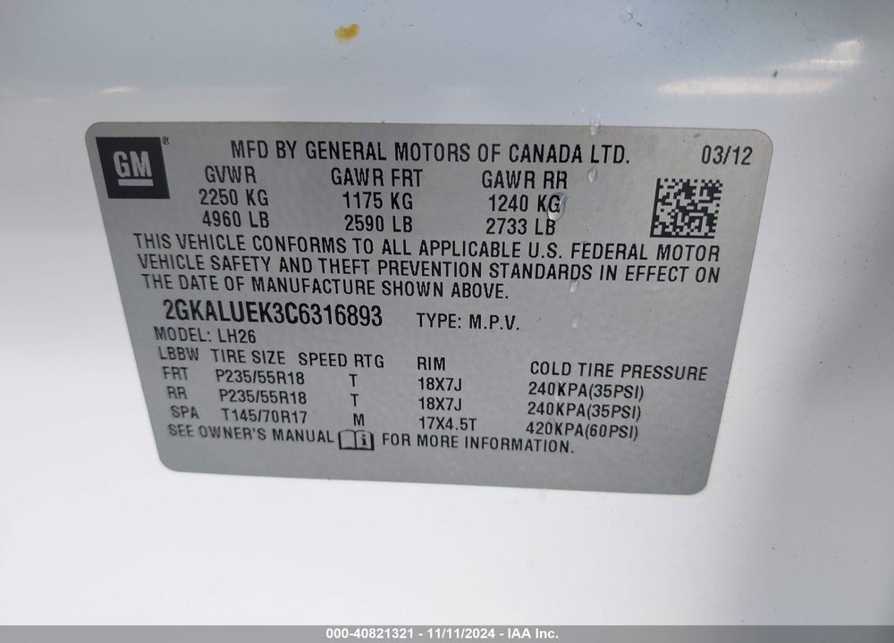 2012 GMC TERRAIN SLT-1 VIN: 2GKALUEK3C6316893