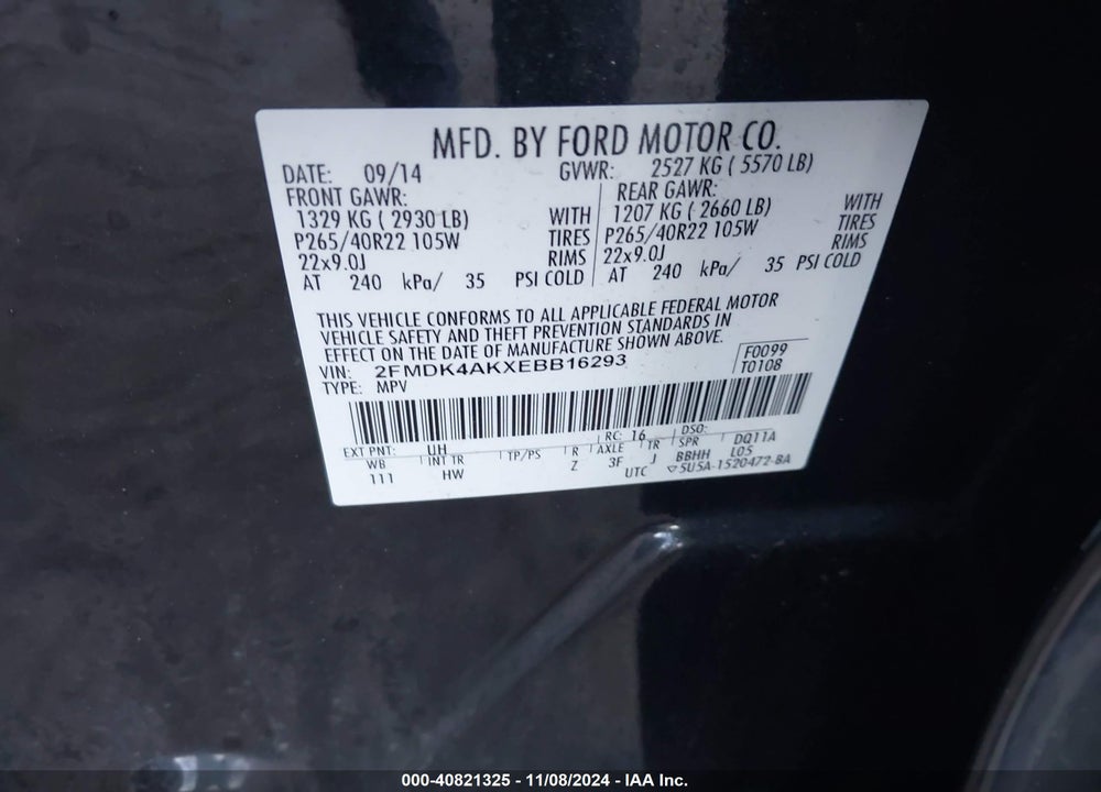 2014 FORD EDGE SPORT VIN: 2FMDK4AKXEBB16293
