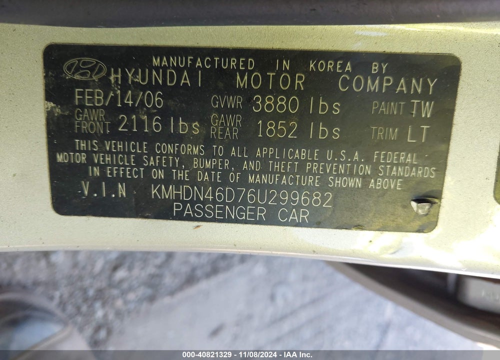2006 HYUNDAI ELANTRA GLS/LIMITED VIN: KMHDN46D76U299682