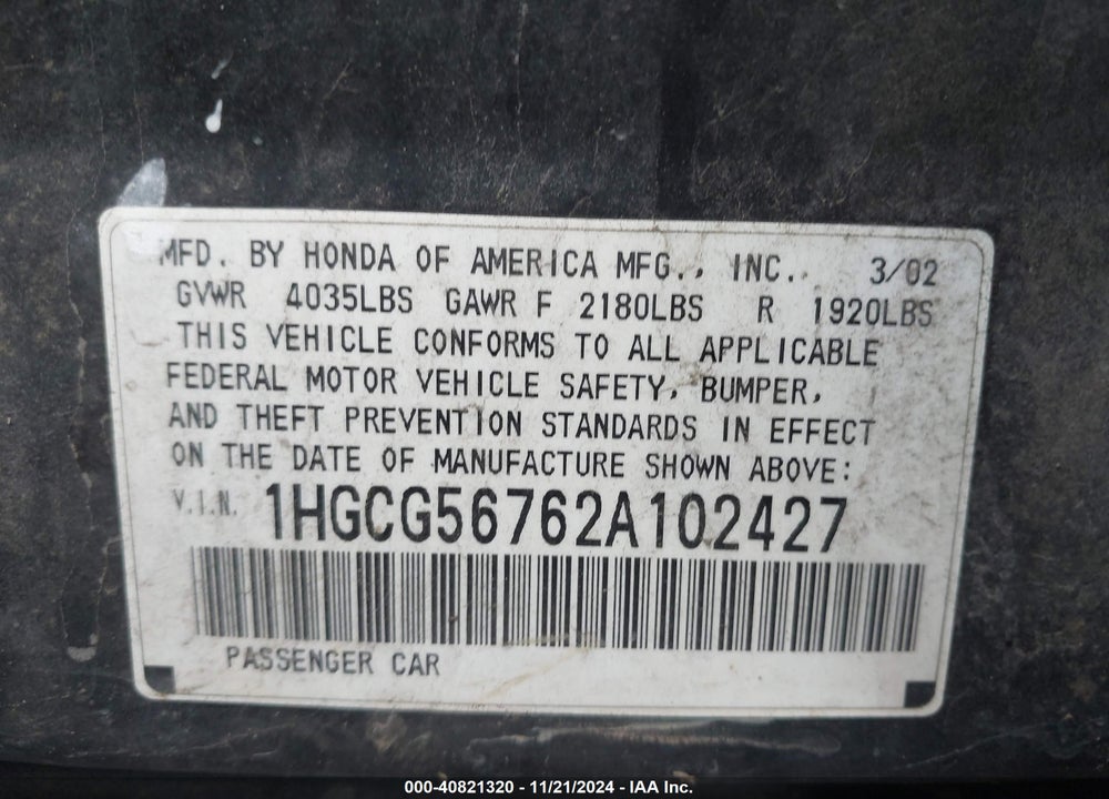 2002 HONDA ACCORD 2.3 SE VIN: 1HGCG56762A102427