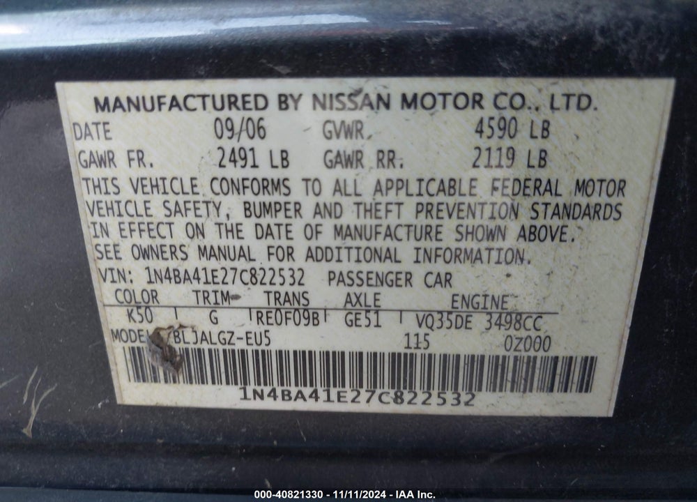 2007 NISSAN MAXIMA 3.5 SL VIN: 1N4BA41E27C822532
