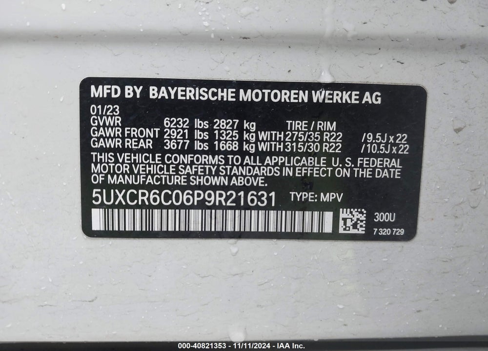 2023 BMW X5 XDRIVE40I VIN: 5UXCR6C06P9R21631