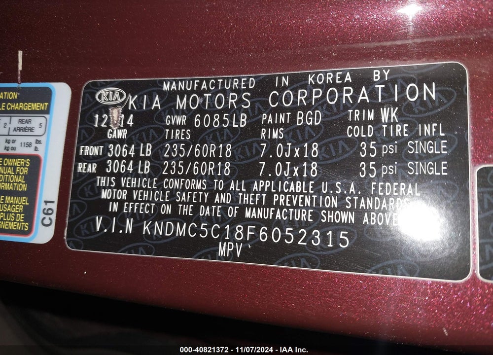 2015 KIA SEDONA SX VIN: KNDMC5C18F6052315