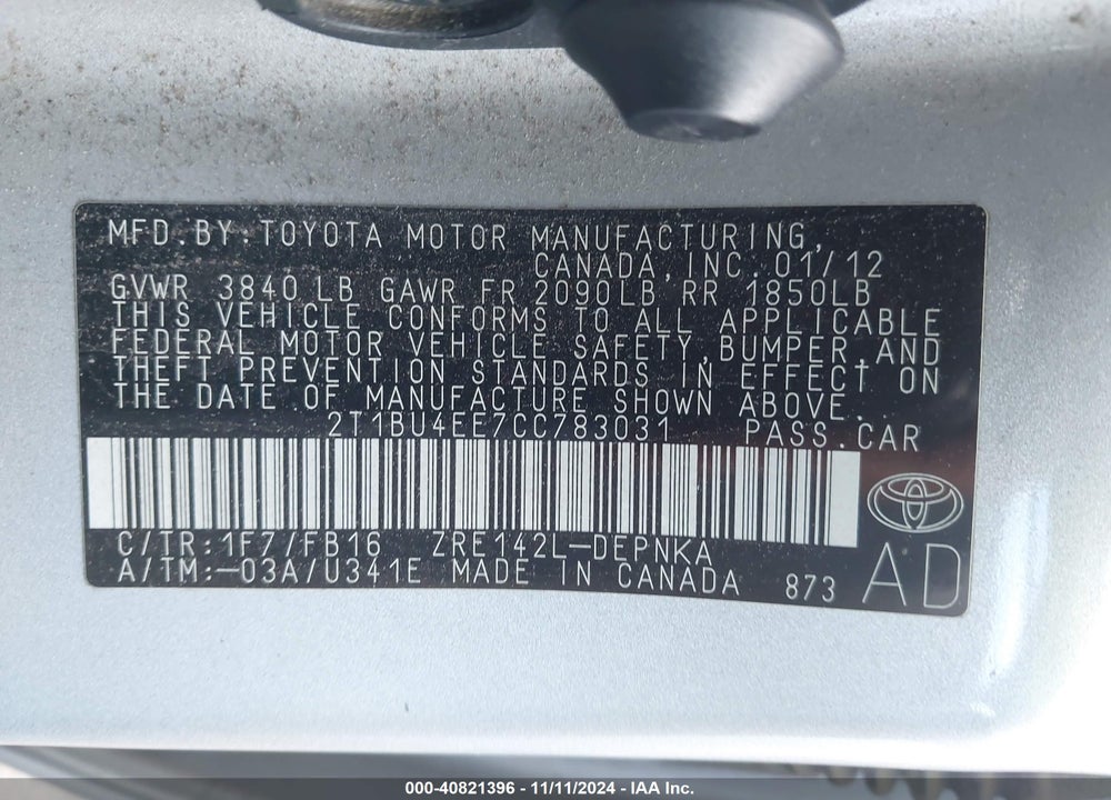 2012 TOYOTA COROLLA LE VIN: 2T1BU4EE7CC783031