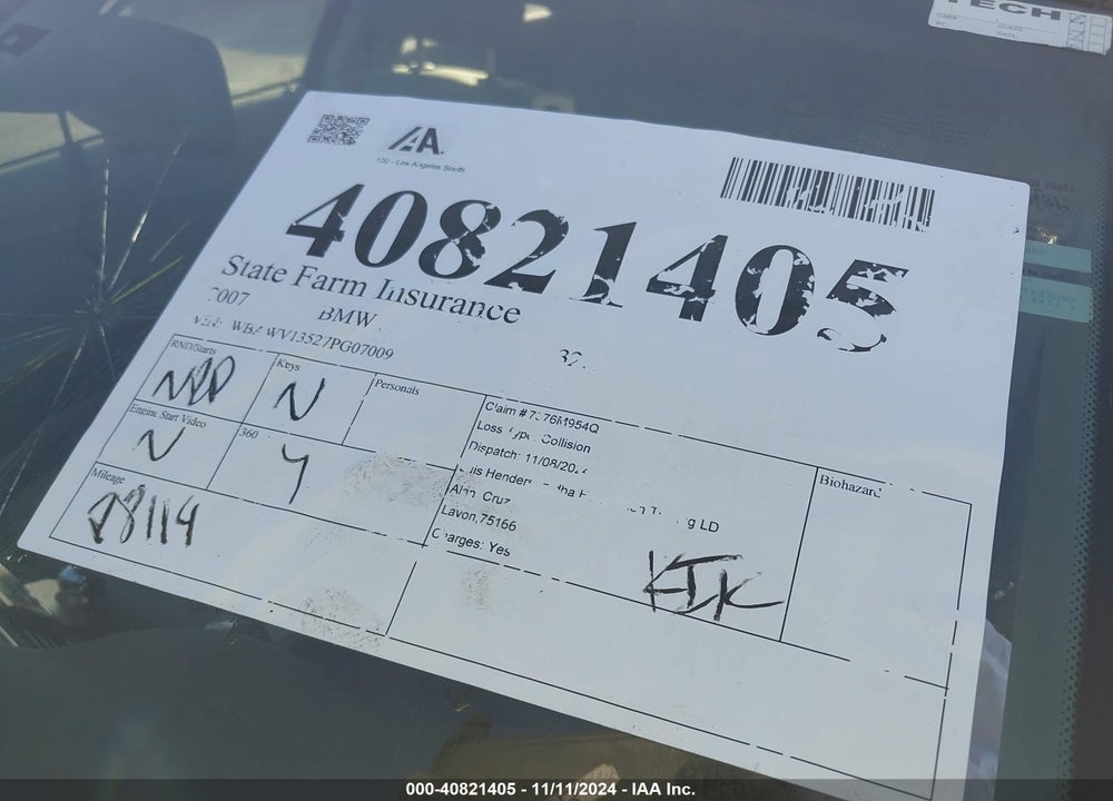2007 BMW 328I VIN: WBAWV13527PG07009