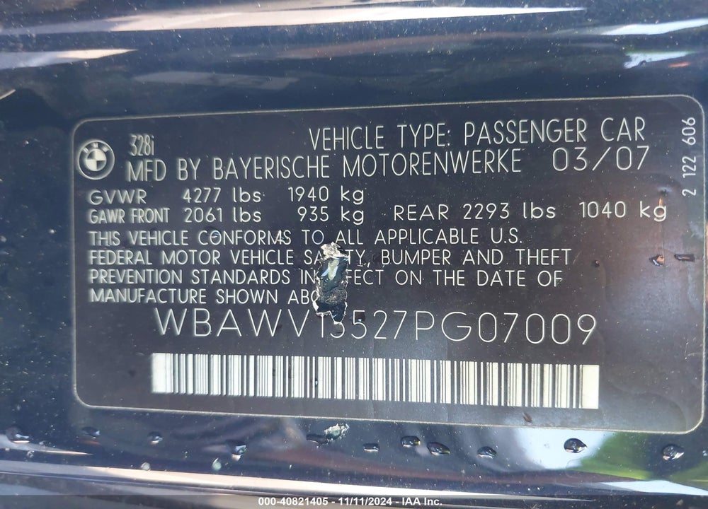 2007 BMW 328I VIN: WBAWV13527PG07009