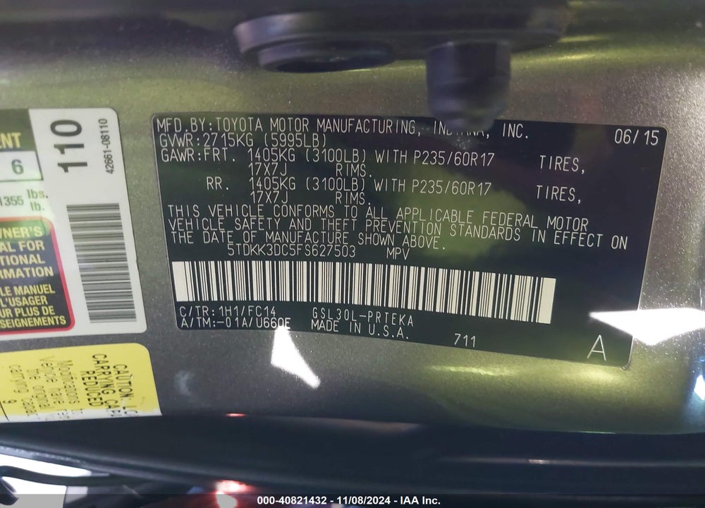 2015 TOYOTA SIENNA LE 8 PASSENGER VIN: 5TDKK3DC5FS627503