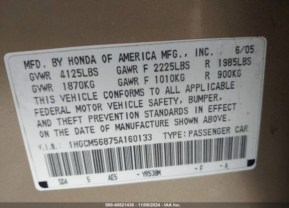 2005 HONDA ACCORD 2.4 EX VIN: 1HGCM56875A160133