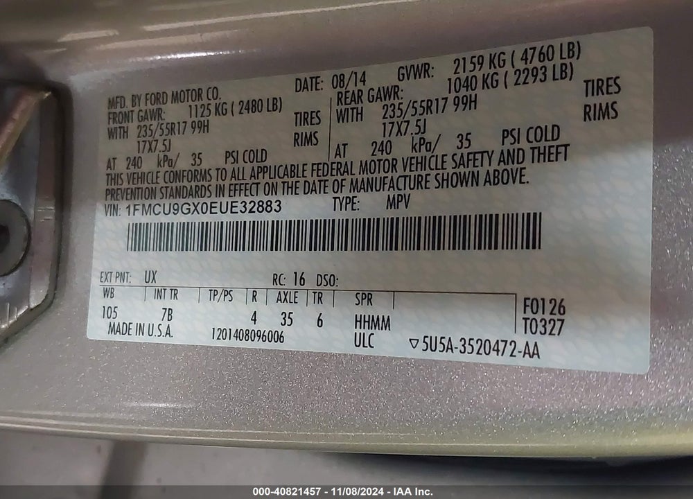 2014 FORD ESCAPE SE VIN: 1FMCU9GX0EUE32883