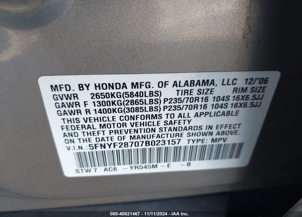 2007 HONDA PILOT EXL VIN: 5FNYF28707B023157