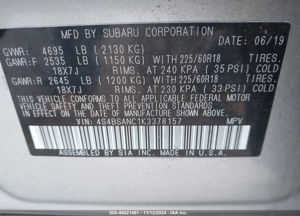 2019 SUBARU OUTBACK 2.5I LIMITED VIN: 4S4BSANC1K3378157