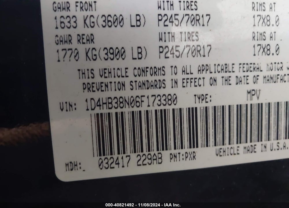 2006 DODGE DURANGO SXT VIN: 1D4HB38N06F173380