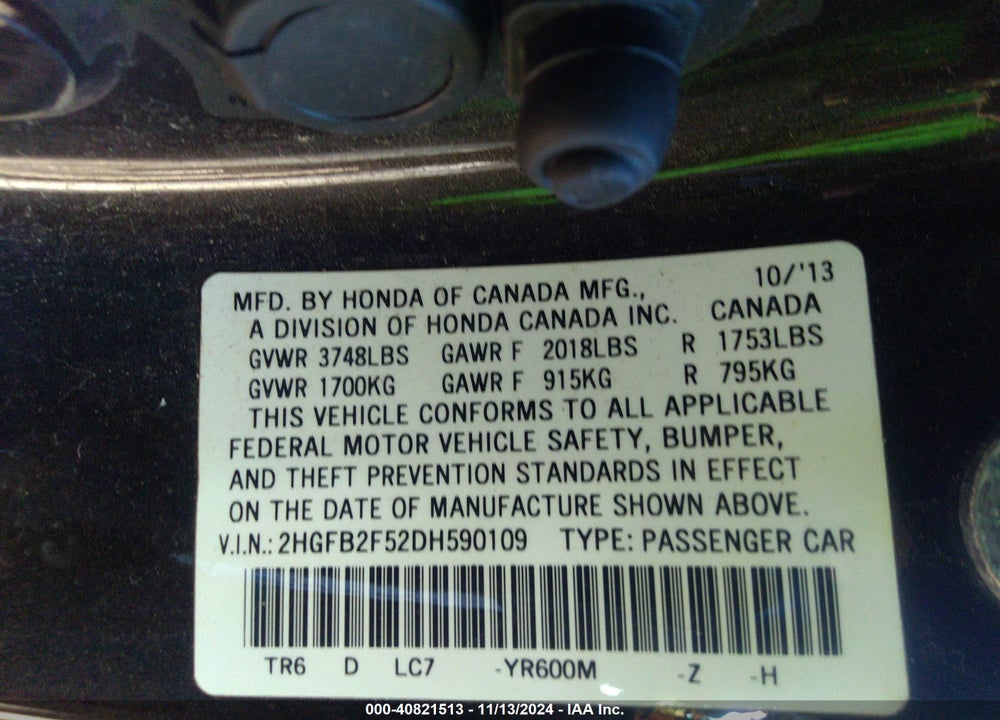 2013 HONDA CIVIC LX VIN: 2HGFB2F52DH590109