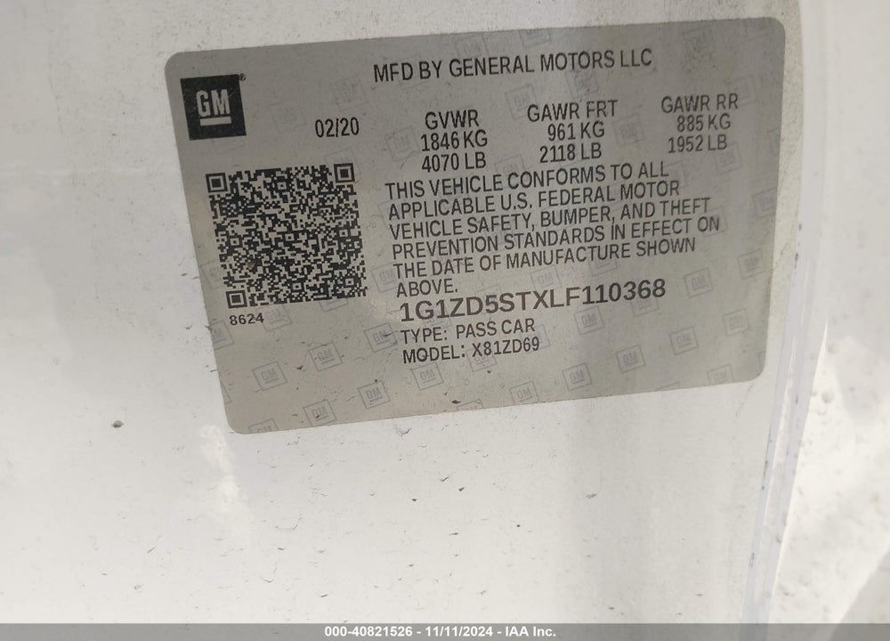 2020 CHEVROLET MALIBU FWD LT VIN: 1G1ZD5STXLF110368