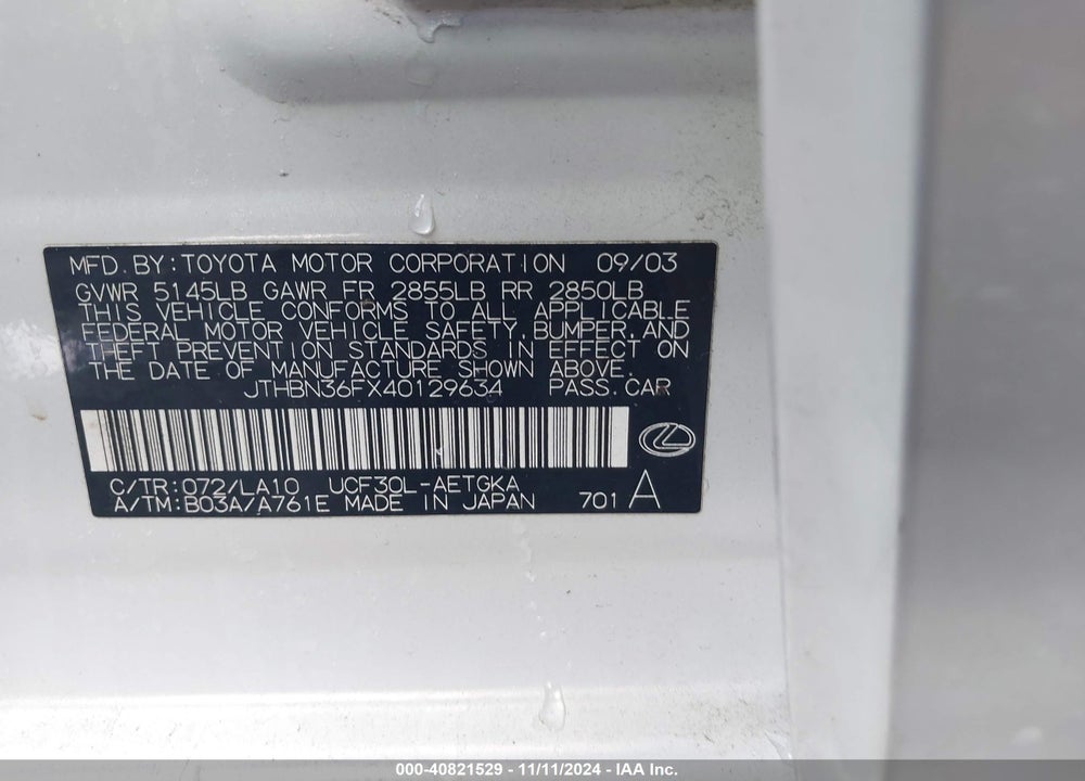 2004 LEXUS LS 430 BASE (A6) VIN: JTHBN36FX40129634