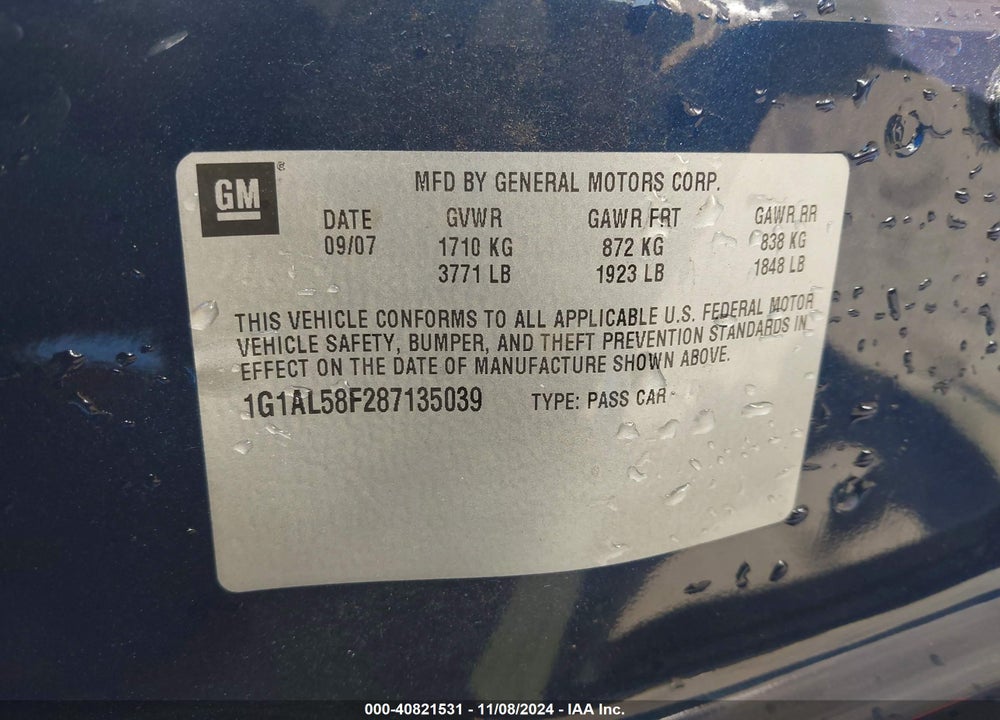 2008 CHEVROLET COBALT LT VIN: 1G1AL58F287135039